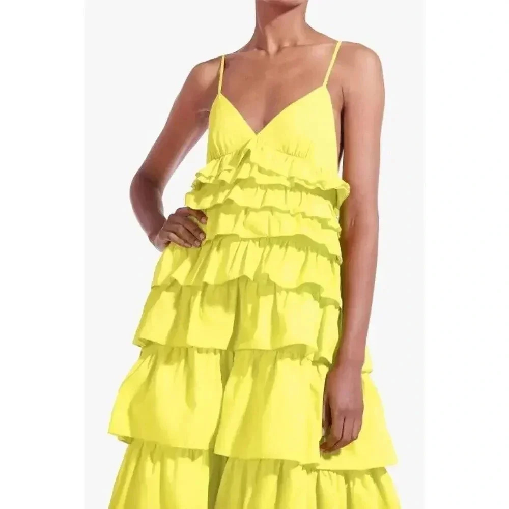 Staud Rylie Green Sleeveless Tiered BOUGAINVILLEA Ruffled Maxi Dress Sz L - Picture 7 of 16